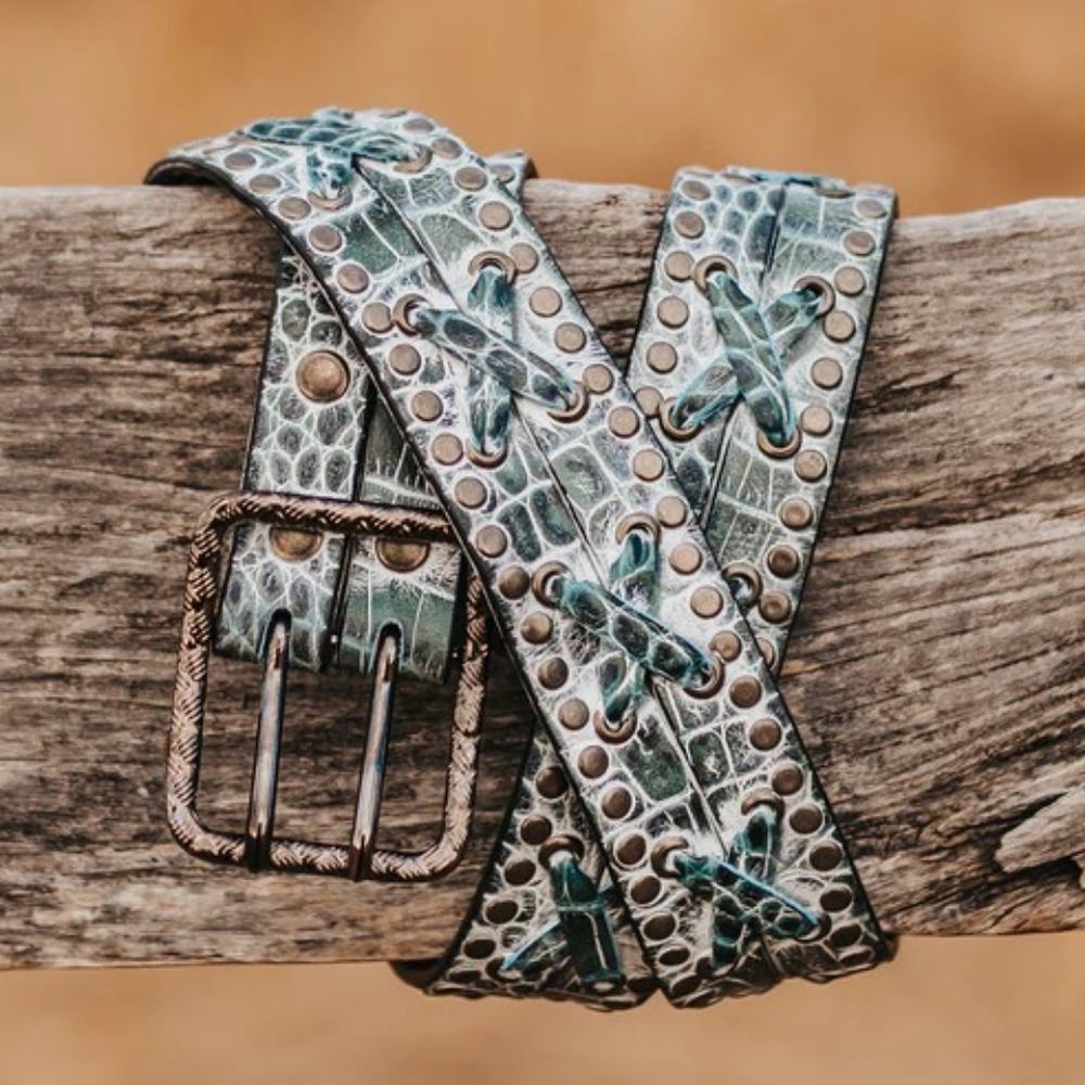 Freebird by Steven Teal Green Studded Leather Belt with Braided Details